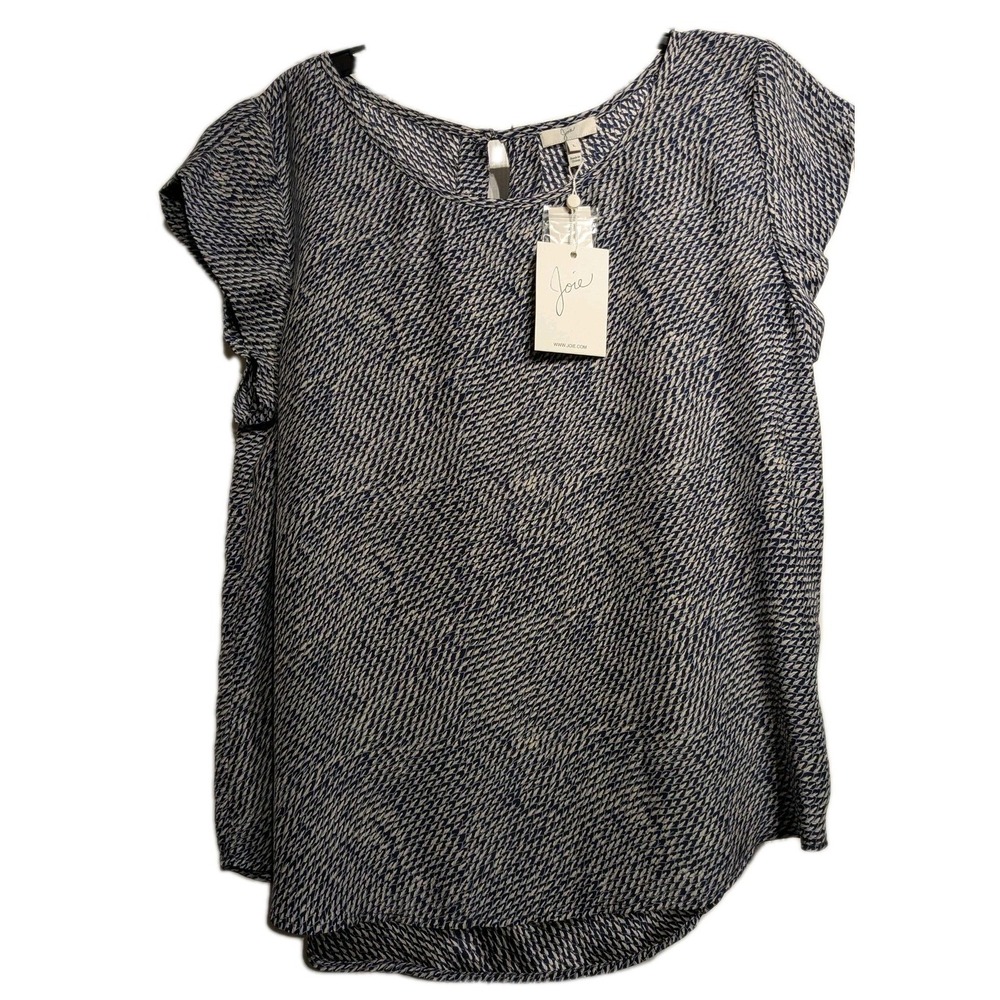 Joie Blouse Women L Dark Navy Porcelain Silk Rancher B Scoop Neck Print NWT